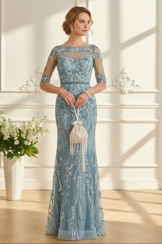 Embellished Lace Half Sleeve Mermaid Dress