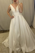 Plunging V-Neck Satin A-Line Wedding Dress