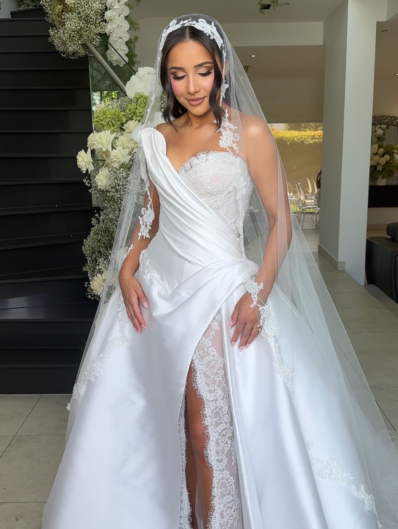 Strapless Lace Satin Overskirt Wedding Dress