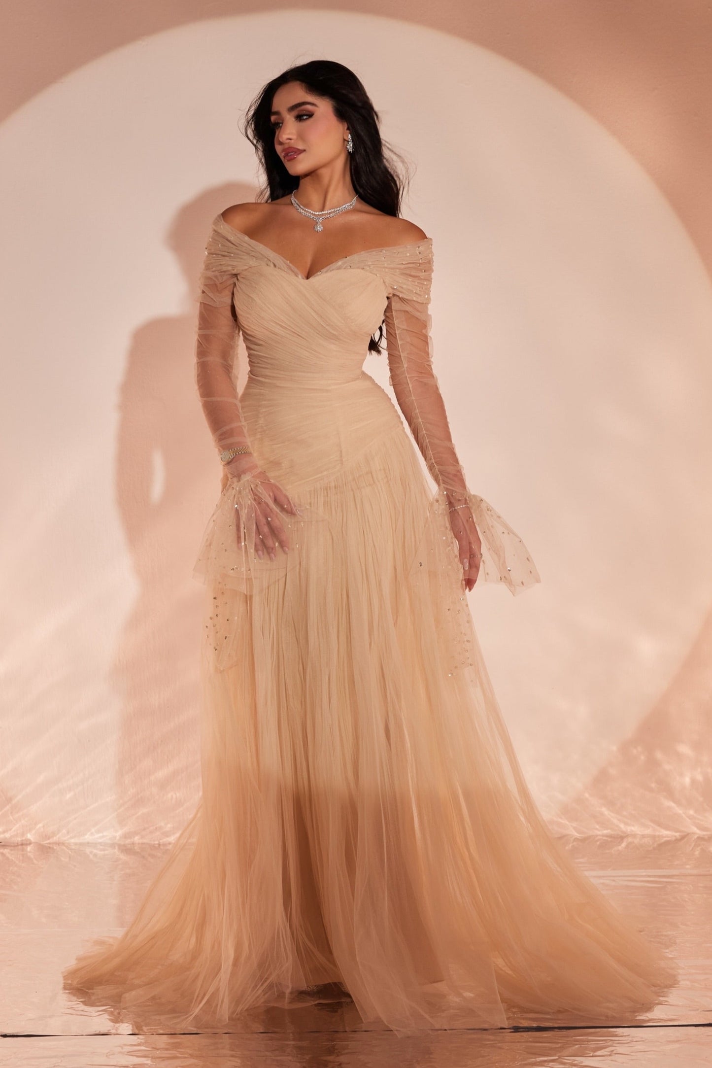 Off-the-Shoulder Ruched Tulle Evening Gown