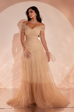 Off-the-Shoulder Ruched Tulle Evening Gown
