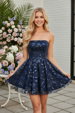 Strapless Sequin Floral A-Line Mini Dress