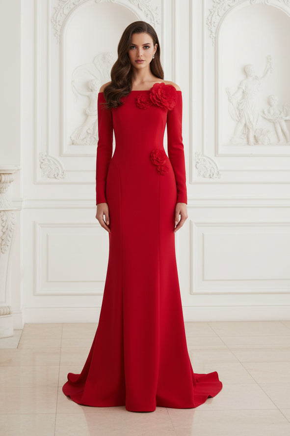 Off-the-Shoulder Mermaid Gown with 3D Flowers