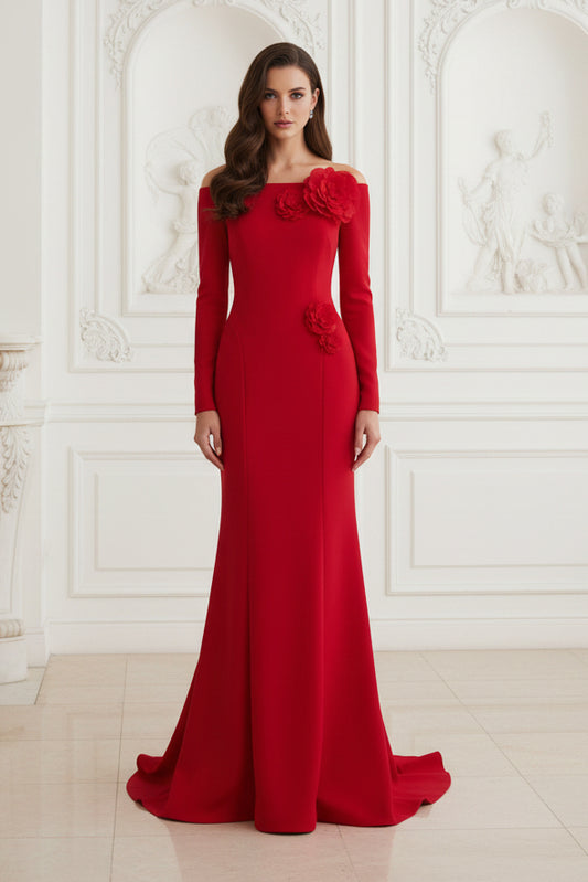 Off-the-Shoulder Mermaid Gown with 3D Flowers