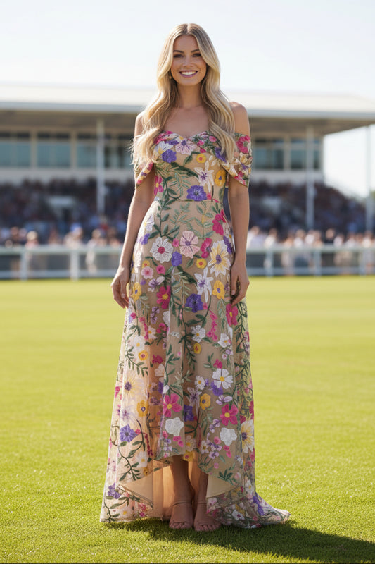Off-the-Shoulder Embroidered Floral High-Low Gown