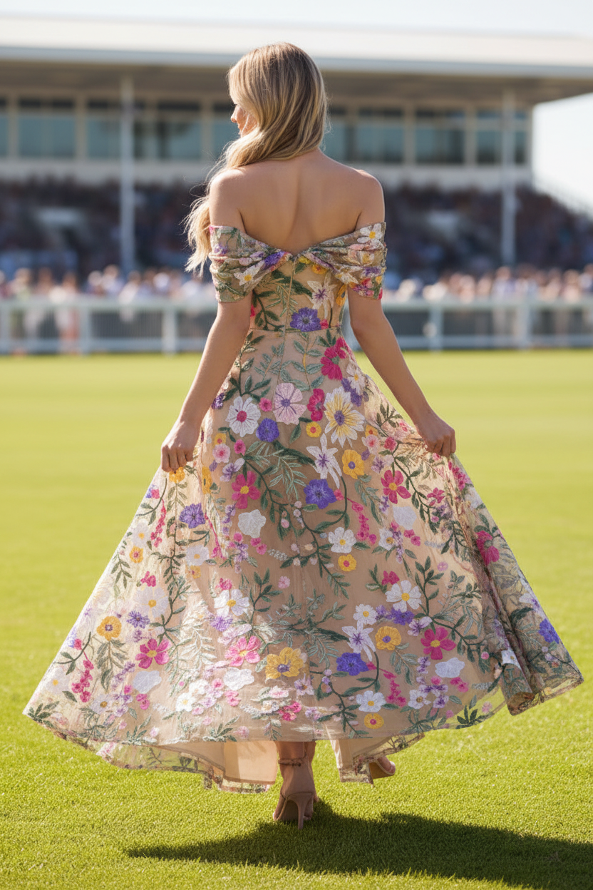 Off-the-Shoulder Embroidered Floral High-Low Gown