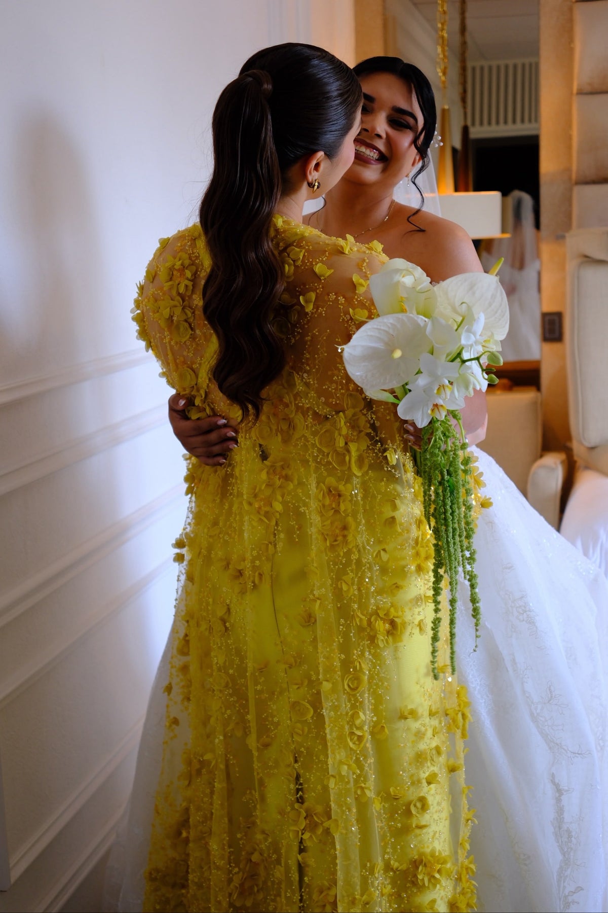 Satin Evening Gown with 3D Floral Cape