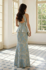 Halter Peplum Jacquard Evening Gown