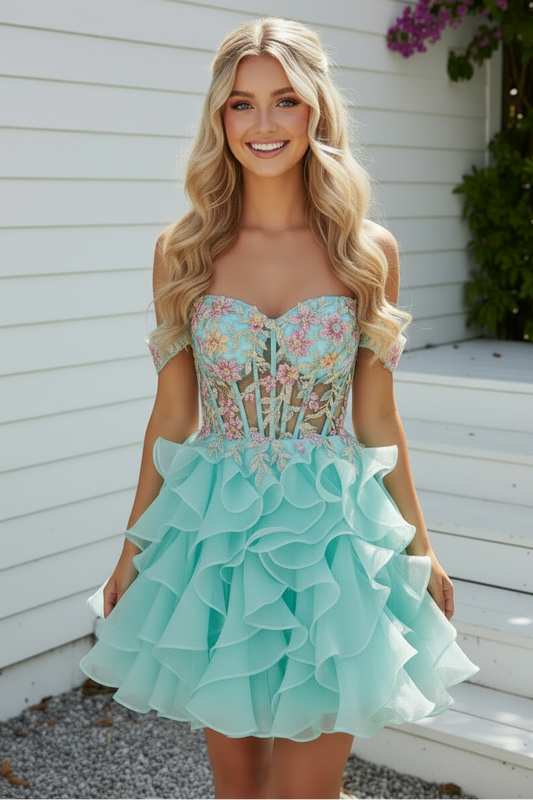 Off-the-Shoulder Ruffled Corset Short Dress