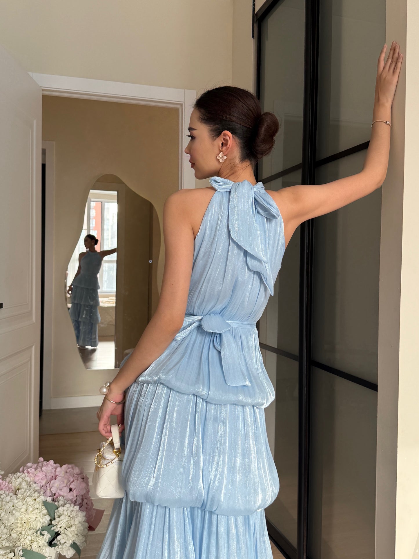 Shimmer Pleated Halter Tiered Gown