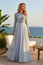 Embroidered Long Sleeve Chiffon A-Line Evening Gown