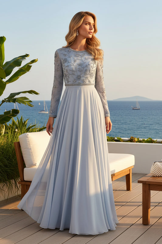 Embroidered Long Sleeve Chiffon A-Line Evening Gown