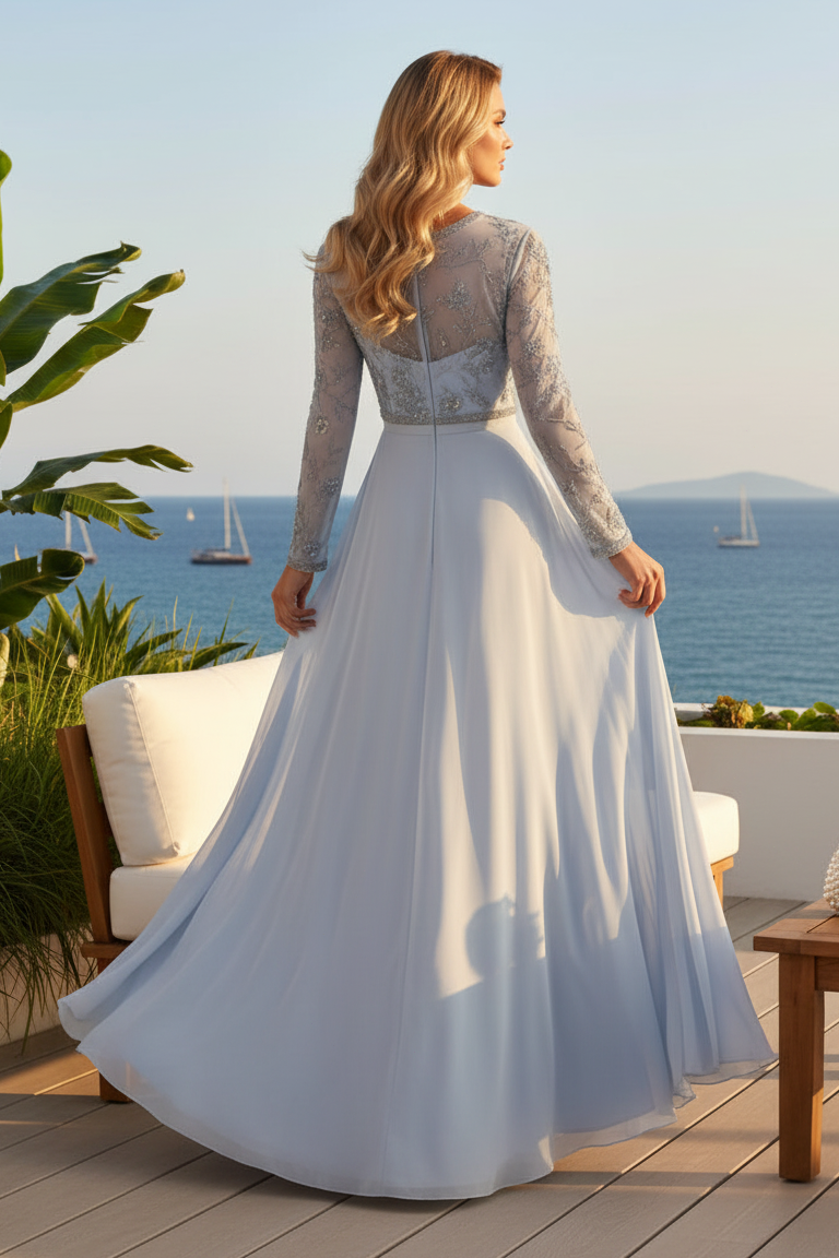 Embroidered Long Sleeve Chiffon A-Line Evening Gown