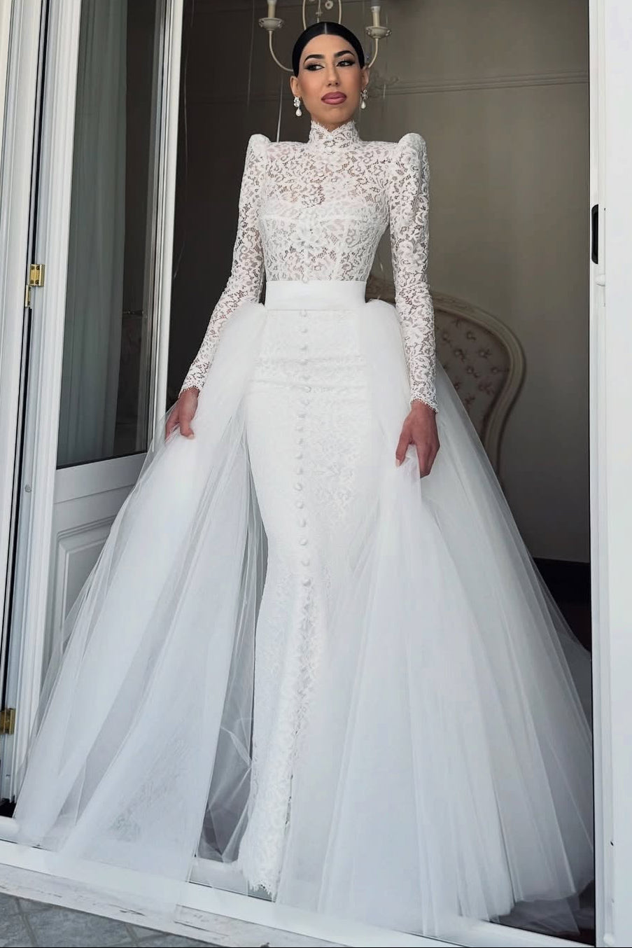 High Neck Lace Mermaid Wedding Dress with Detachable Train