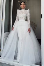 High Neck Lace Mermaid Wedding Dress with Detachable Train