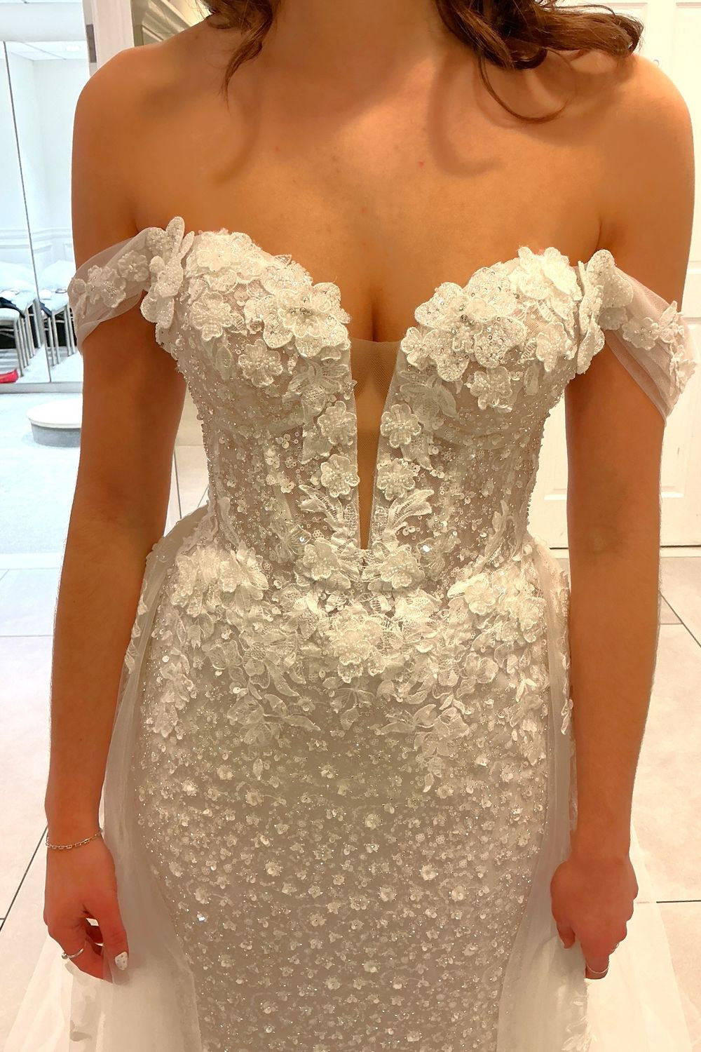 Off-the-Shoulder 3D Floral Beaded Wedding Dress