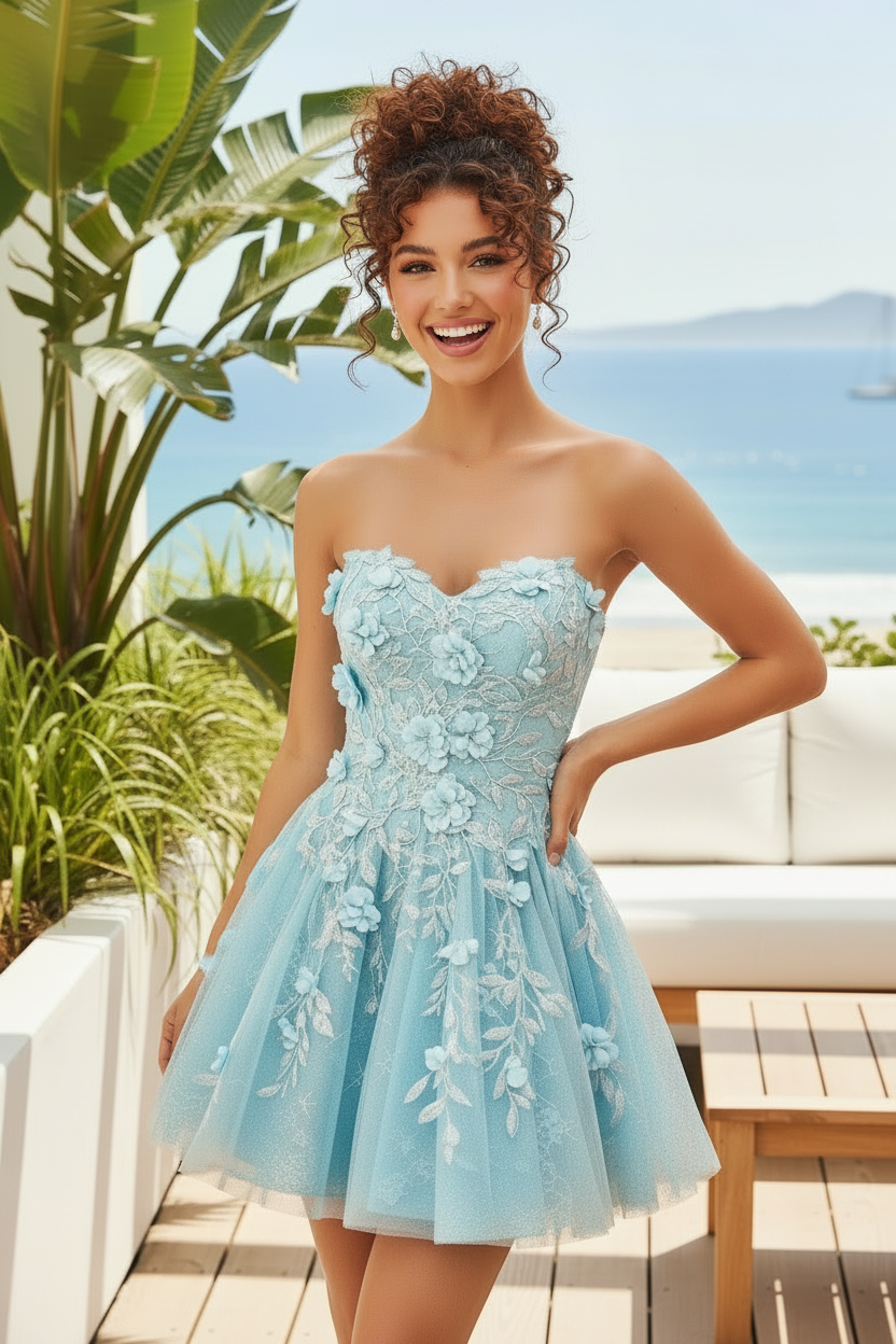 Strapless 3D Floral Applique Lace-Up Mini Dress