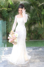Beaded Lace Long Sleeve Wedding Gown with Square Neck