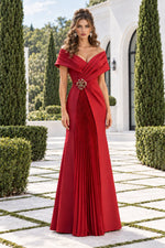 Off-Shoulder Pleated Evening Gown with Brooch
