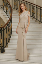 One-Shoulder Peplum Evening Gown with Slit