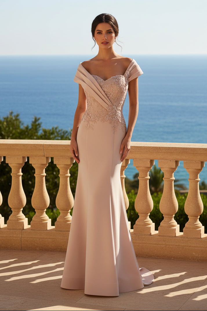 Beaded Bodice Asymmetrical Draped Evening Gown