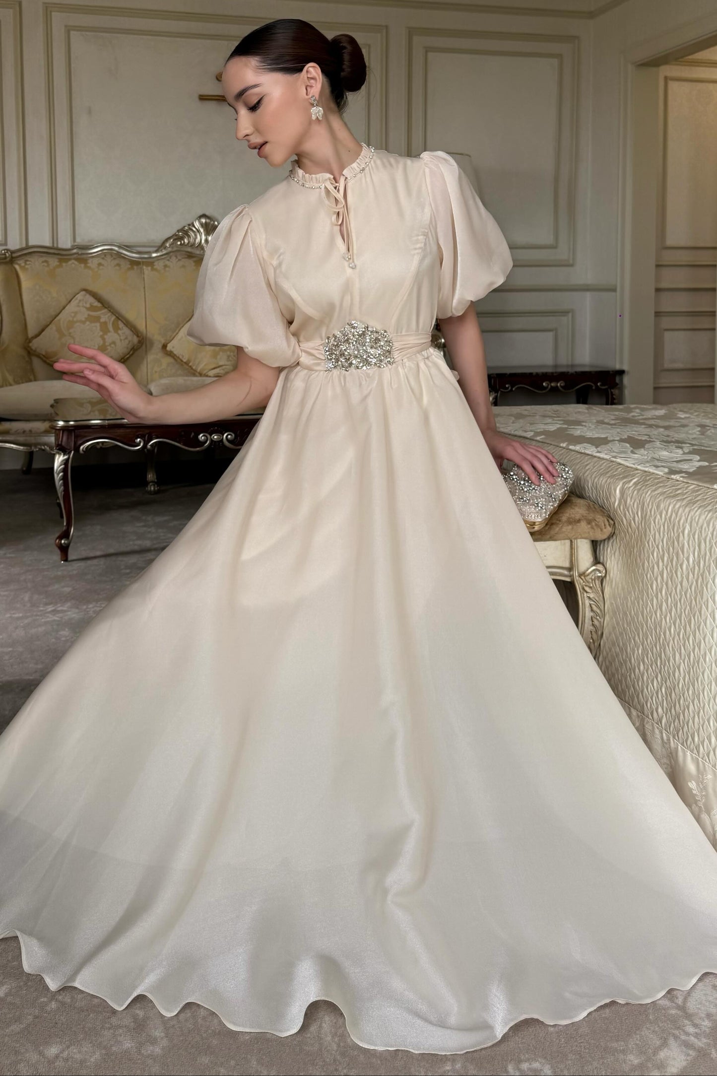 Elegant Puff Sleeve A-Line Evening Gown with Beaded Belt