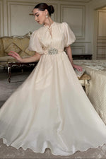 Elegant Puff Sleeve A-Line Evening Gown with Beaded Belt