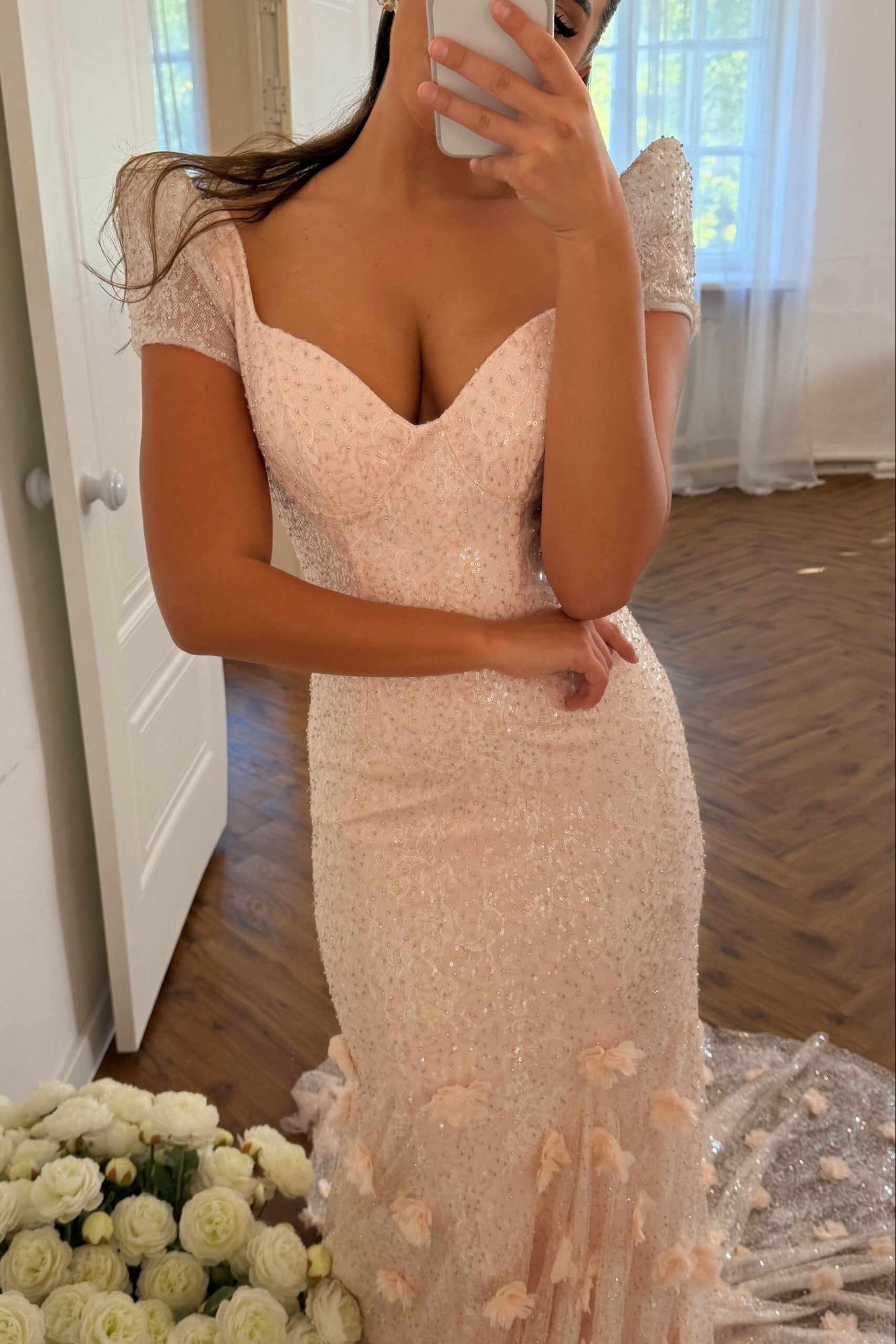 Sequined Mermaid Gown with 3D Floral Train