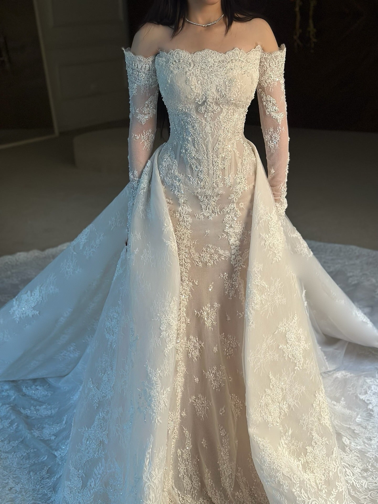 Off-Shoulder Lace Mermaid Wedding Dress with Overskirt