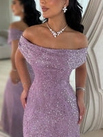 Off-the-Shoulder Beaded Sheath Evening Gown