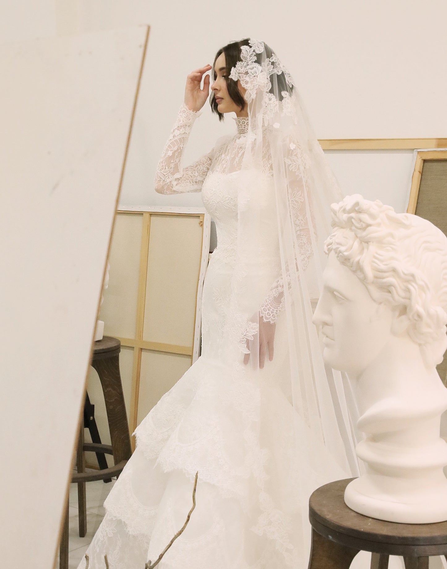 High Neck Lace Mermaid Wedding Dress with Tiered Skirt