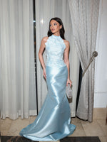 High Neck 3D Floral Applique Mermaid Evening Gown