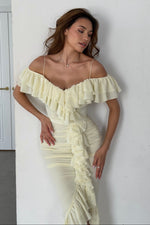 Off-the-Shoulder Ruched Ruffle Maxi Dress