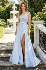 Strapless Corset Gown with Bow and Slit