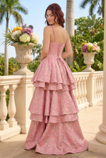 Tiered Brocade High-Low Gown with Corset Bodice