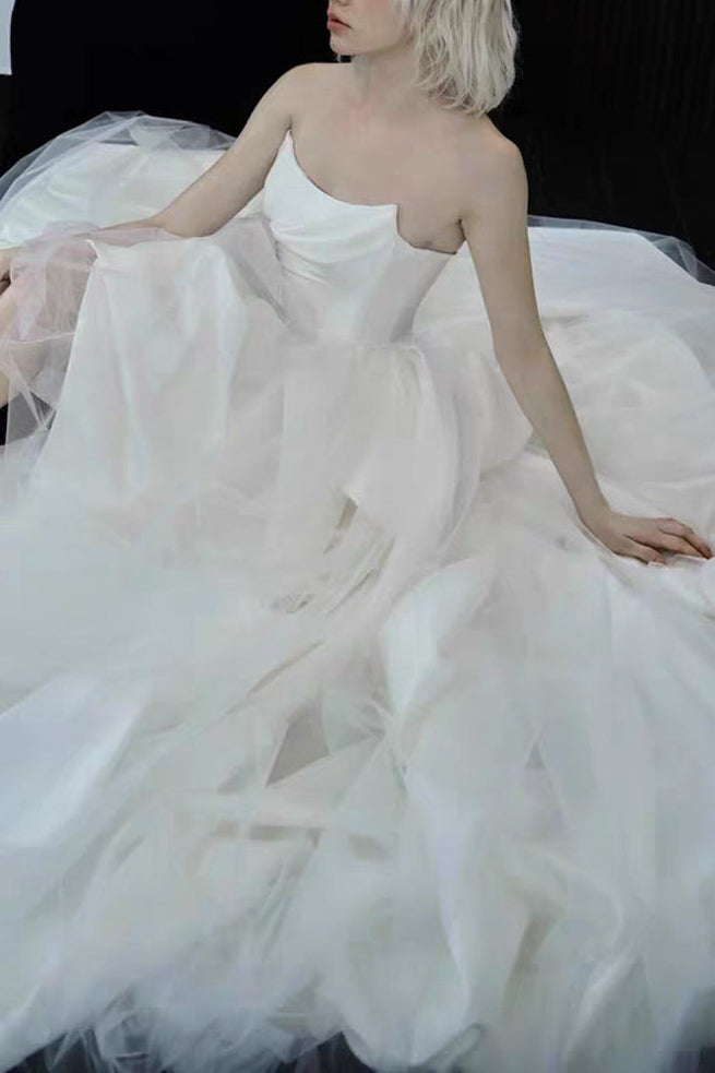 Strapless High-Low Tulle Ball Gown Wedding Dress