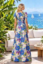 Floral Jacquard A-Line Gown with Short Sleeves