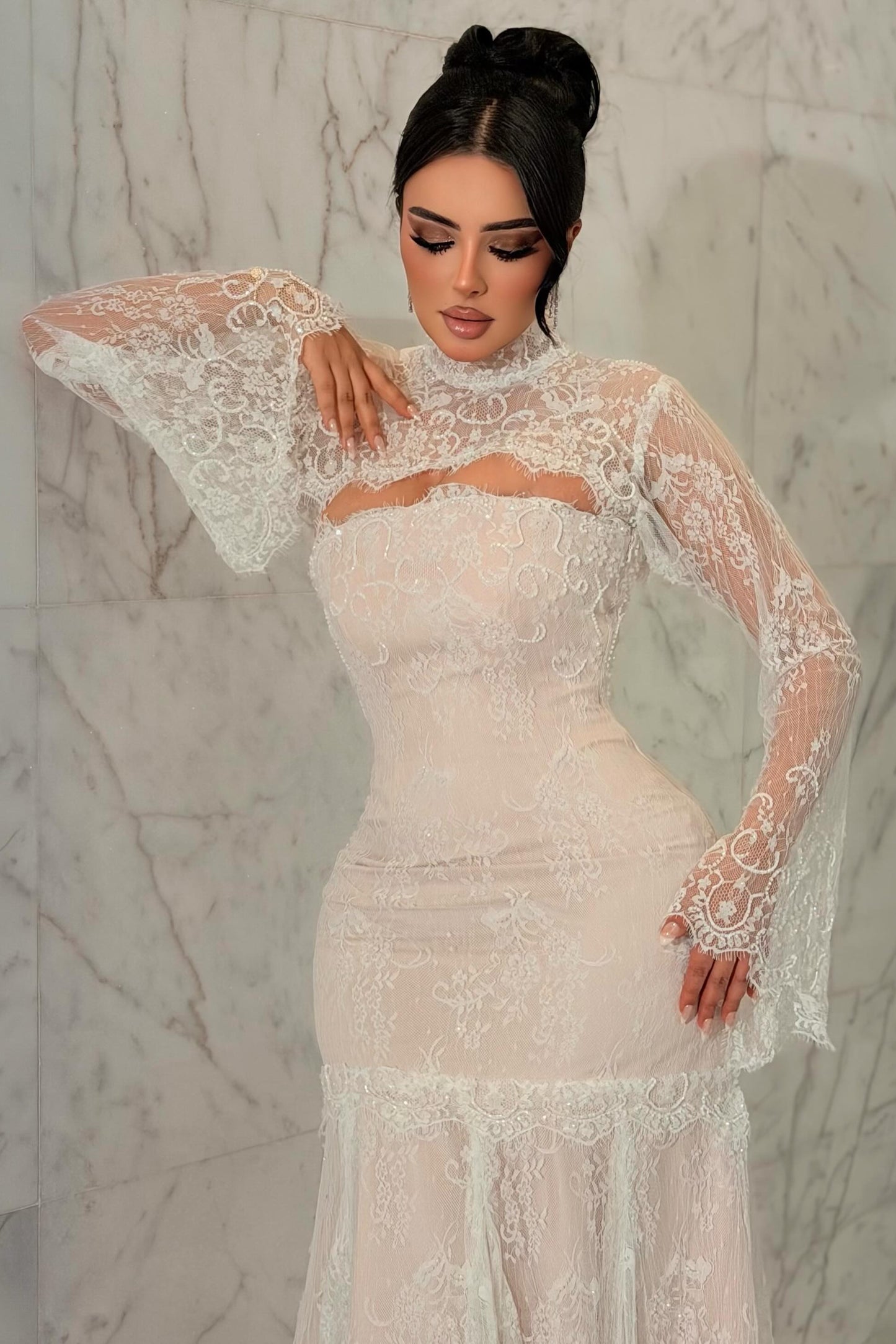 High-Neck Lace Trumpet Gown with Long Flare Sleeves