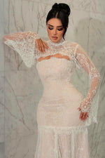 High-Neck Lace Trumpet Gown with Long Flare Sleeves