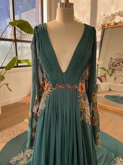 Deep V-Neck Long Sleeve Boho Floral Chiffon Gown