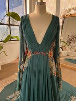 Deep V-Neck Long Sleeve Boho Floral Chiffon Gown