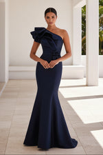 One-Shoulder Mermaid Gown with Floral Waist Accent
