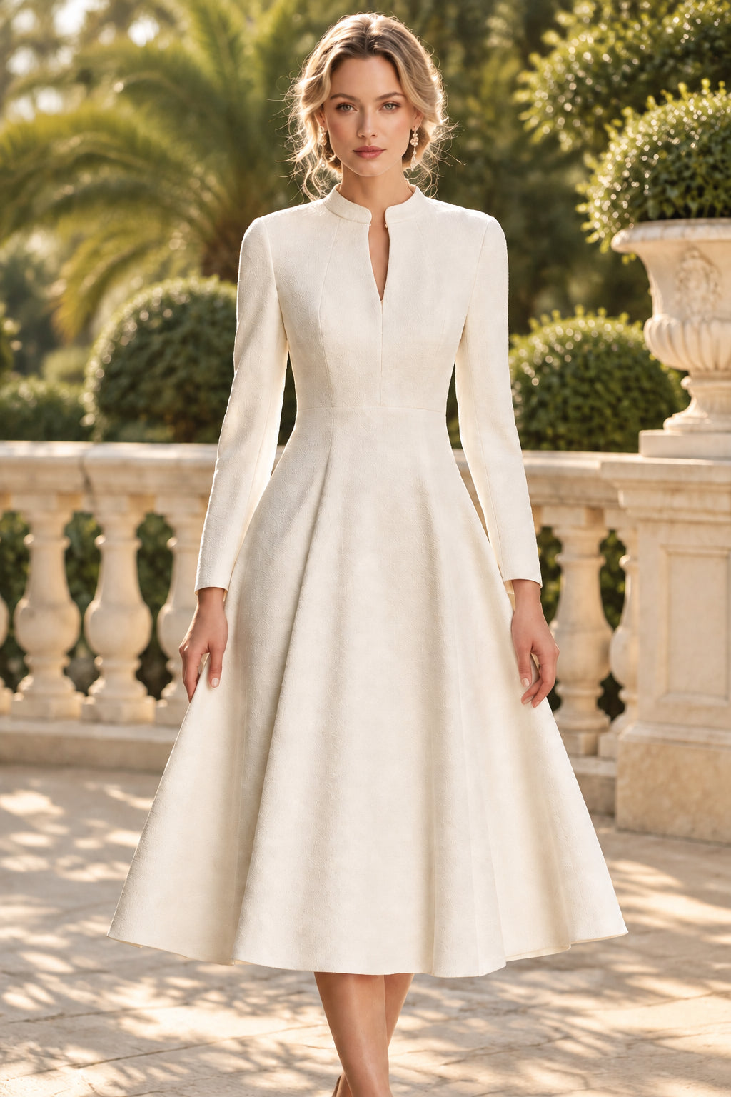 Long Sleeve Slit Mandarin Collar A-Line Midi Dress