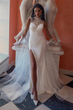 High-Neck Illusion Back Crepe Wedding Dress