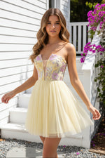 Strapless Sequin Floral Bodice Tulle Mini Dress