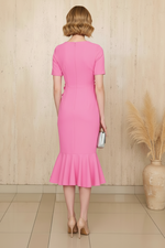 Pink Asymmetrical 3D Floral Trumpet Midi Dress