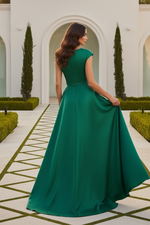 Embroidered High-Low Satin Gown with V-Neck