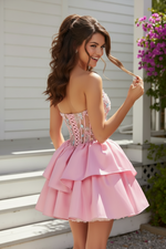 Strapless 3D Floral Corset Tiered Satin Mini Dress