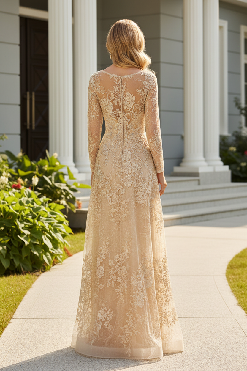 Illusion V-Neck Lace A-Line Formal Dress