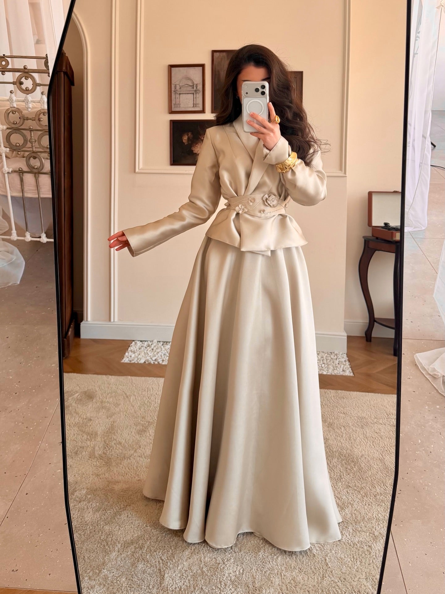 Satin Two-Piece Evening Skirt Set with 3D Flower Belt